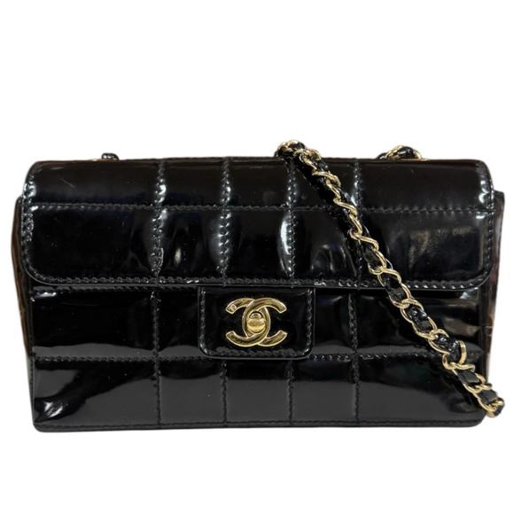 CHANEL Handbags - Chanel Chocolate Bar Shoulder Bag, Patent Leather, Black, Women's, CHANEL Chain